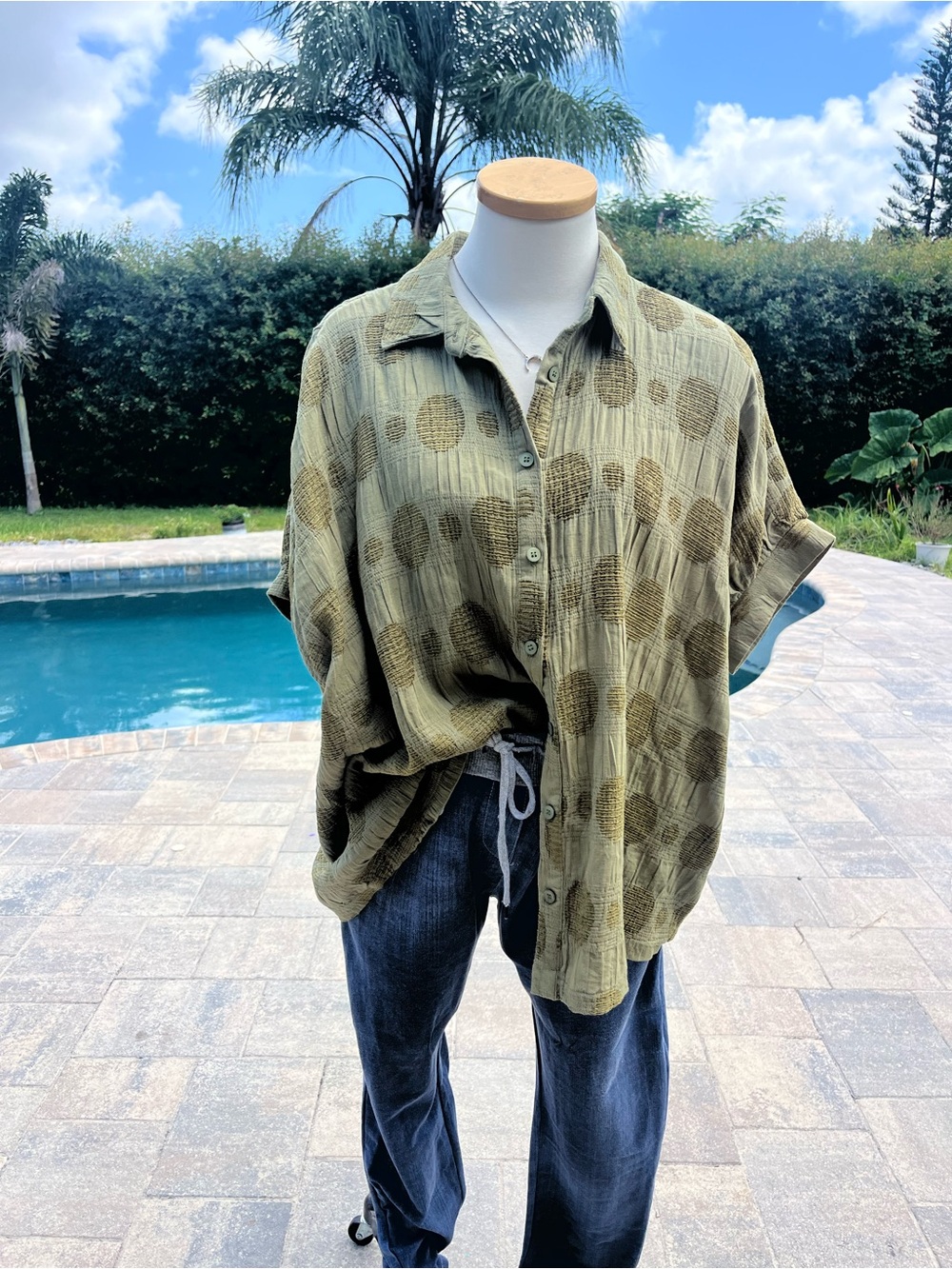 Umgee Olive Green Textured Polka Dot Oversized Button Up Top S